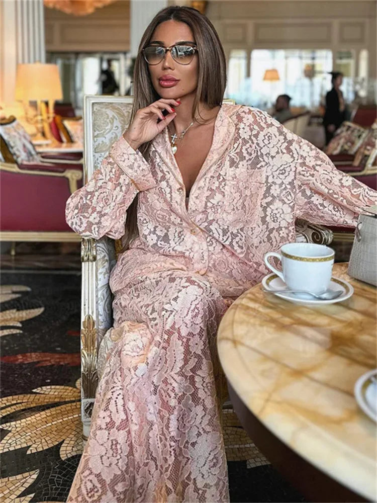 Lace Hollow Out Printed 2 Piece-set Trousers Female See-through See-through Shirts and ’s Pants Outfits
