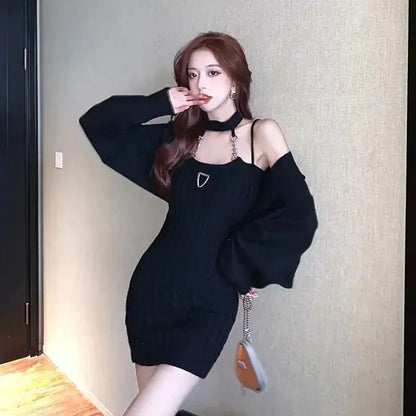 Knitted Twopiece Set Halter Neck Dress Loose Coat New Hot Girl Suspender Short Skirt Korea Japan Style Vestidos
