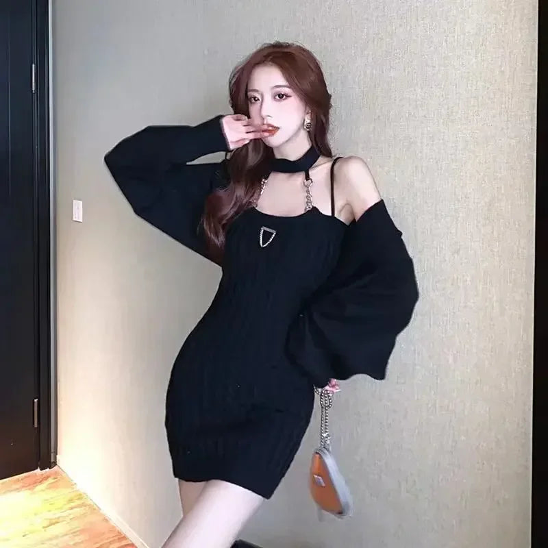 Knitted Twopiece Set Halter Neck Dress Loose Coat New Hot Girl Suspender Short Skirt Korea Japan Style Vestidos