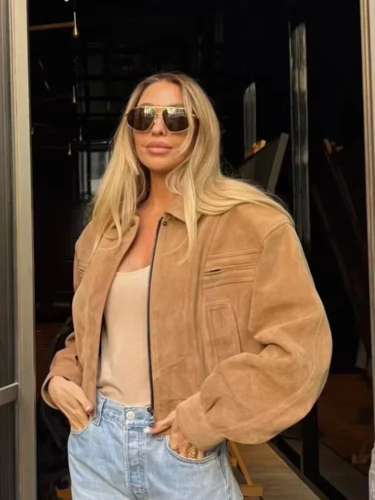 Camel Cropped Suede Jacket Lapel Full Sleeve Pocket Zipper Short Coat New Causal Autumn Lady Daily