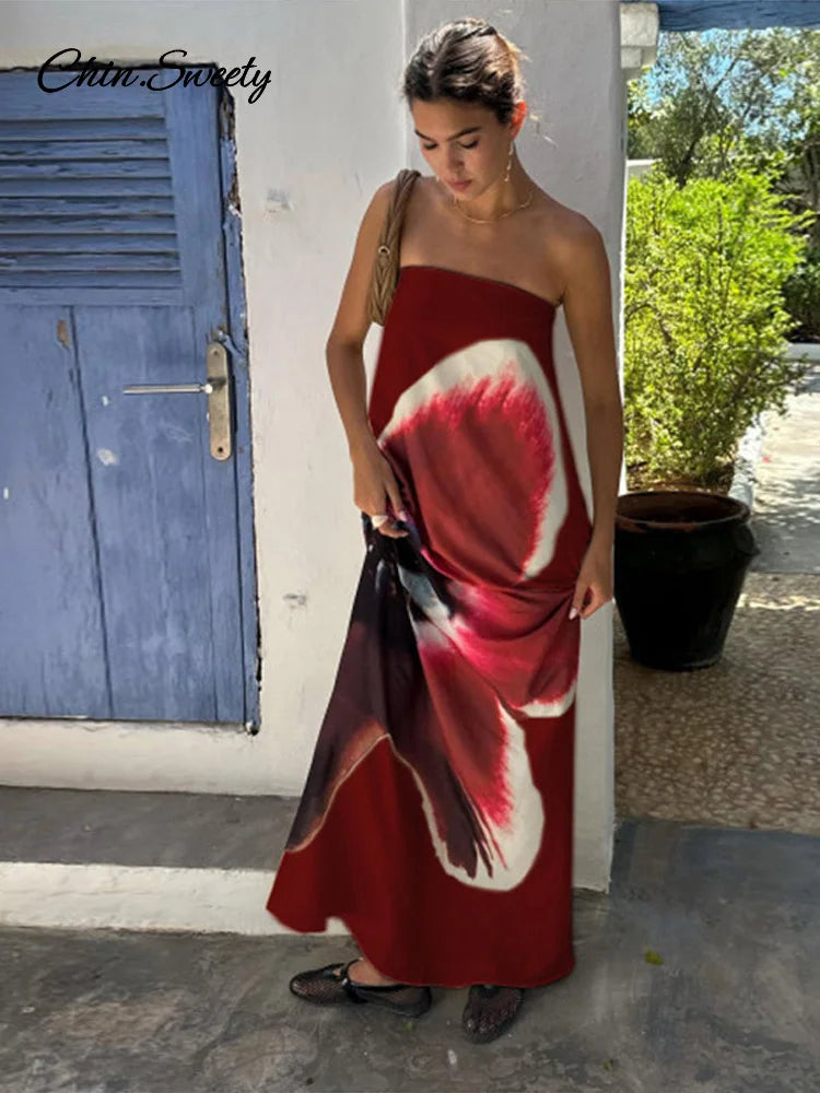 Printed Strapless Long Dresses Loose Off the Shoulder Sleeveless Beach Dress Summer Lady Vacation Robes