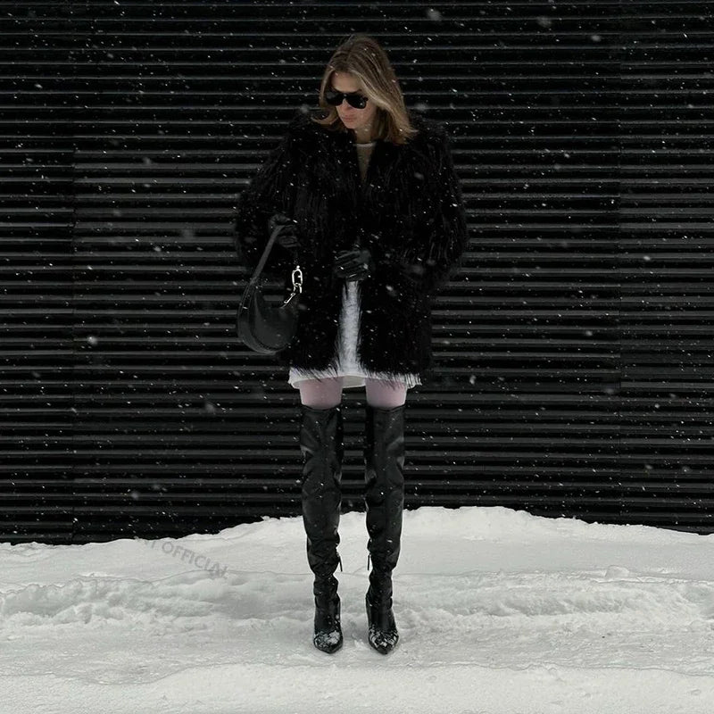 Winter Furry Faux Fur Coat Long Brand Tassels Fluffy Fur Jacket Female Super Warm Overcoat