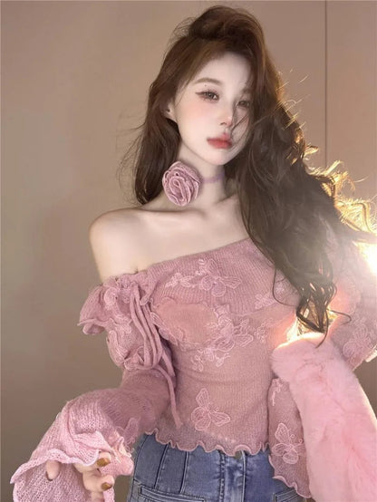 Sweet Hot Girl Flare Sleeved Sweater Autumn and Winter Off Shoulder Slash Neck Knitted Pullover Female Clothes