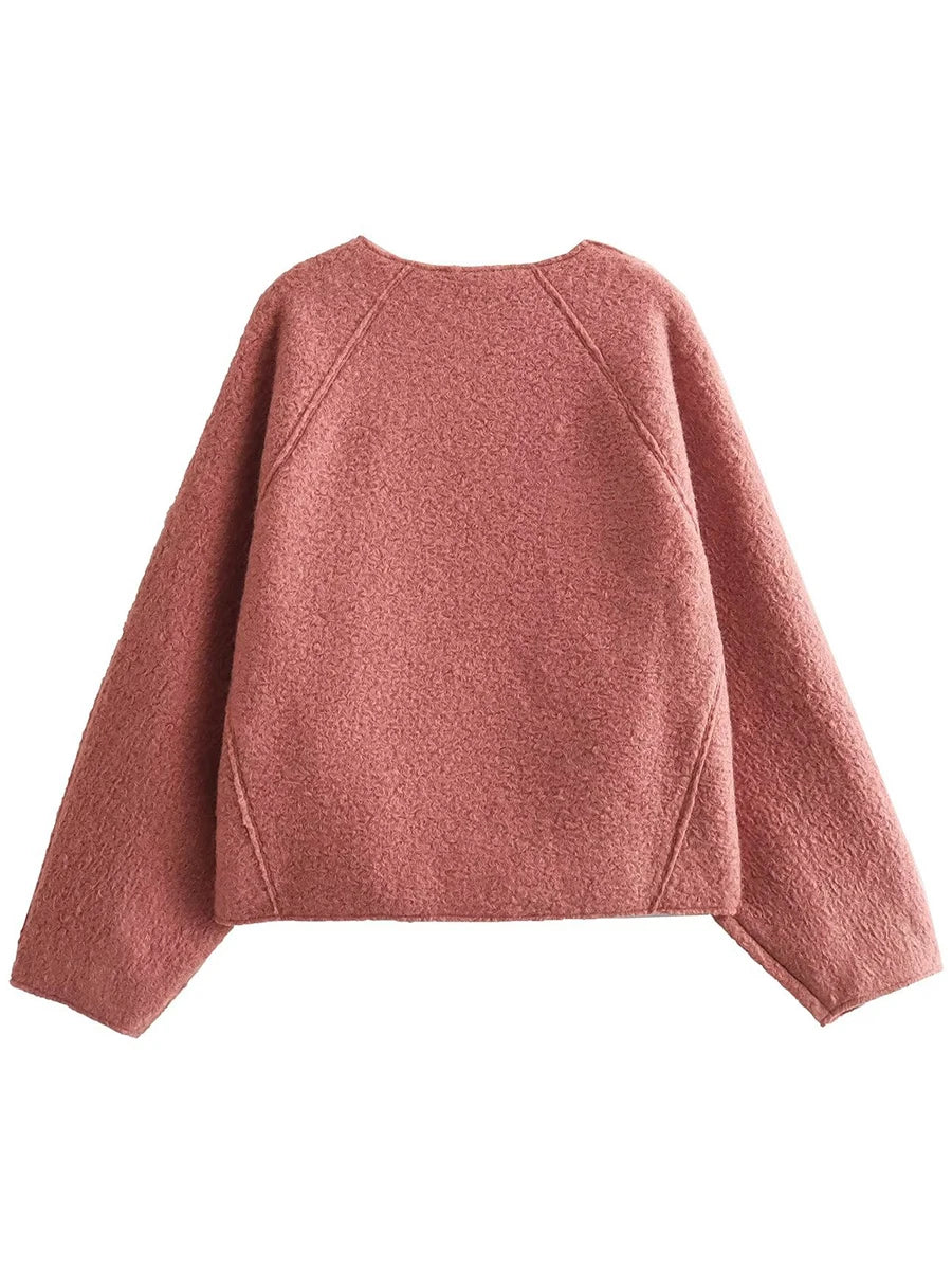 Simple Cropped Woolen Sweatshirt Woman Oneck Long Sleeve Loose Pull Hoodie Female Sweatshirts Top