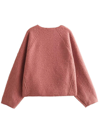 Simple Cropped Woolen Sweatshirt Woman Oneck Long Sleeve Loose Pull Hoodie Female Sweatshirts Top