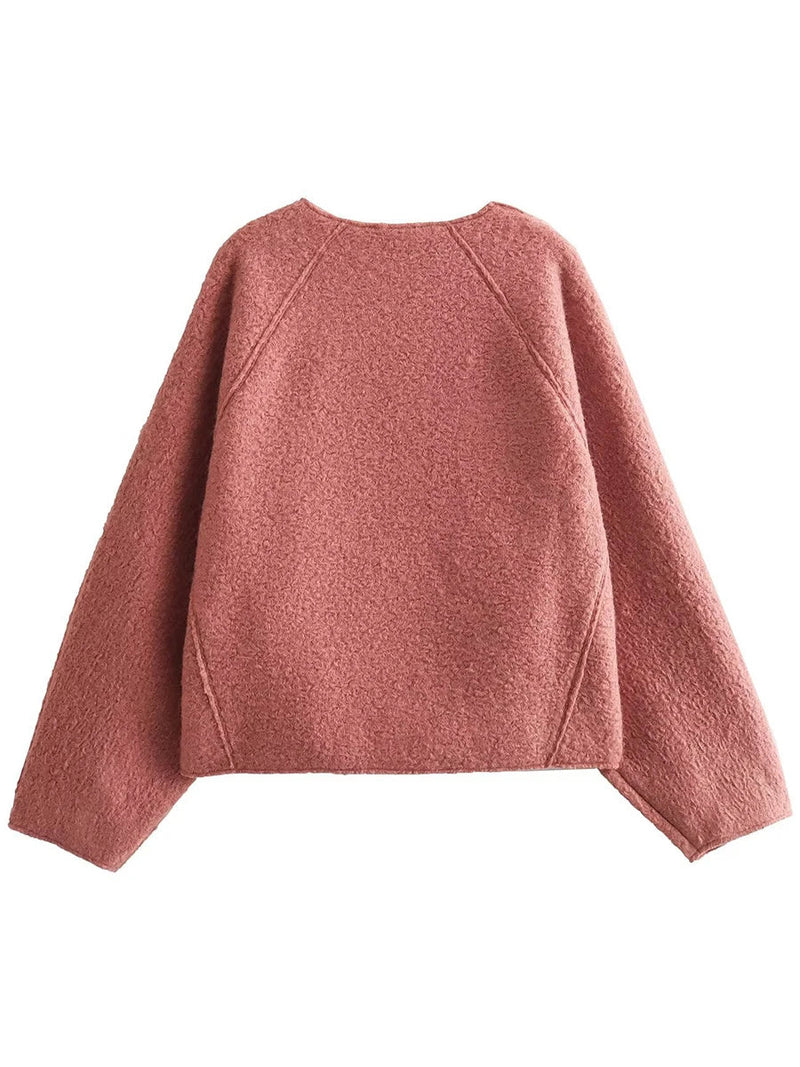 Simple Cropped Woolen Sweatshirt Woman Oneck Long Sleeve Loose Pull Hoodie Female Sweatshirts Top