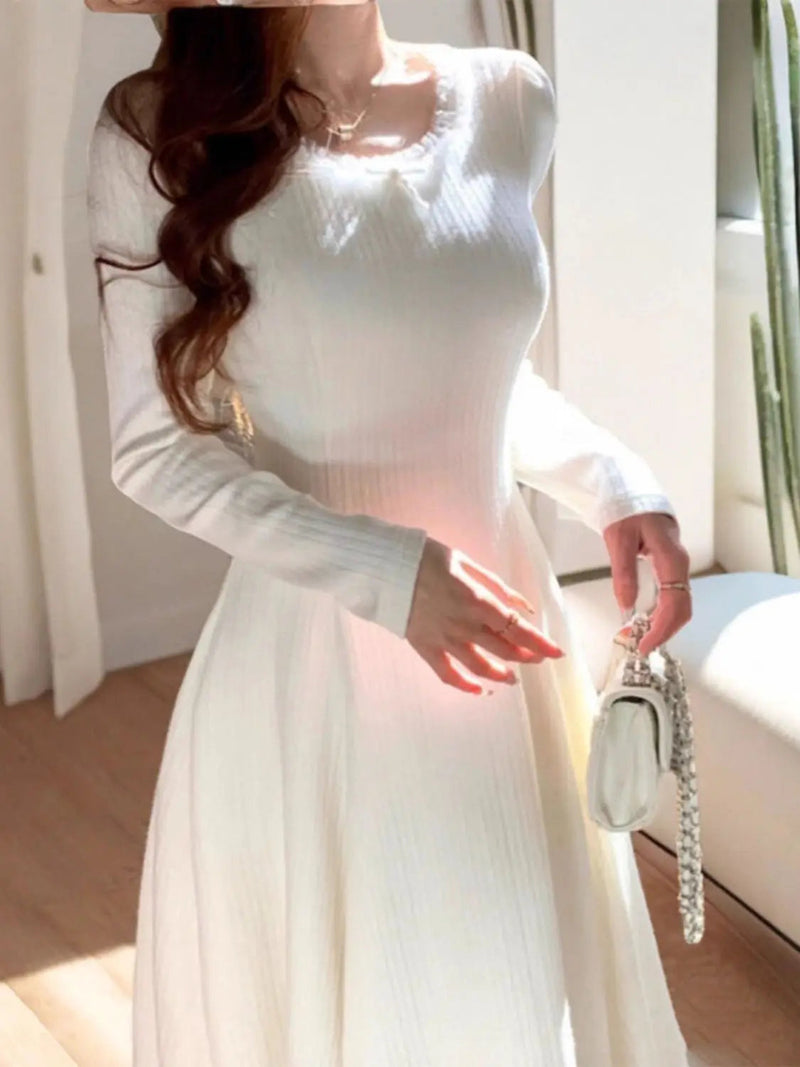 Knitted Dresses Autumn Winter Bow Long Sleeve Slim Stretch Basic French Style Sweater Dress