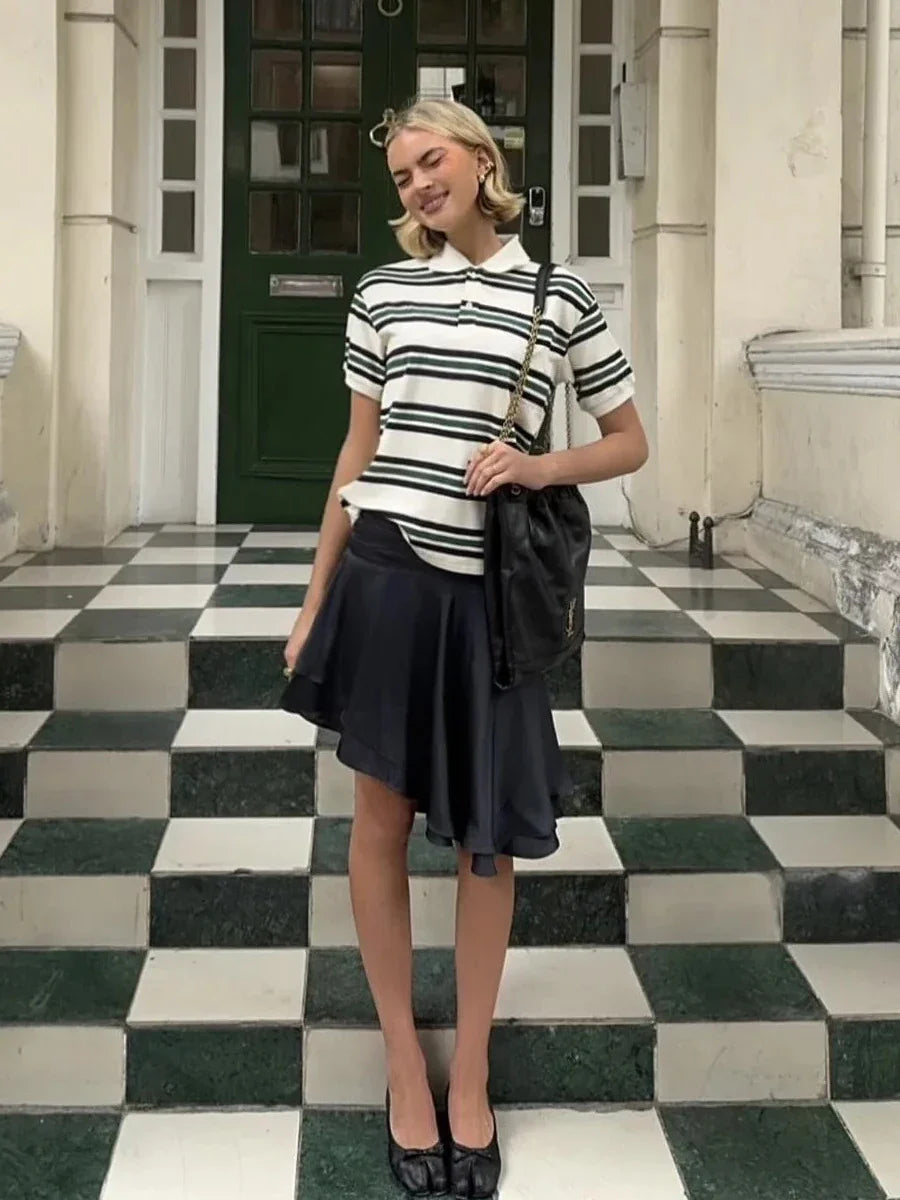 Striped Contrast Short Sleeve T-shirt Buttons Turndown Collar Tee Shirt Spring New Top Tees