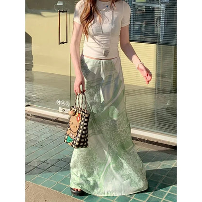 American Print Green Aline Skirt Summer New High Waist All Match Patchwork Midlength Skirt