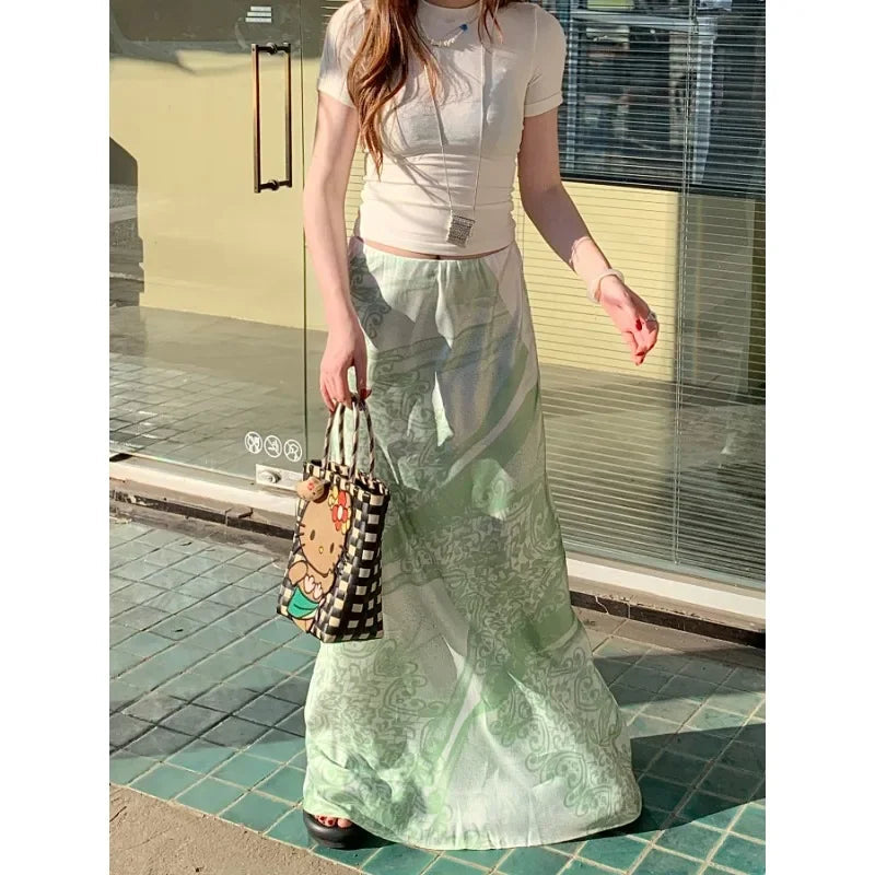 American Print Green Aline Skirt Summer New High Waist All Match Patchwork Midlength Skirt