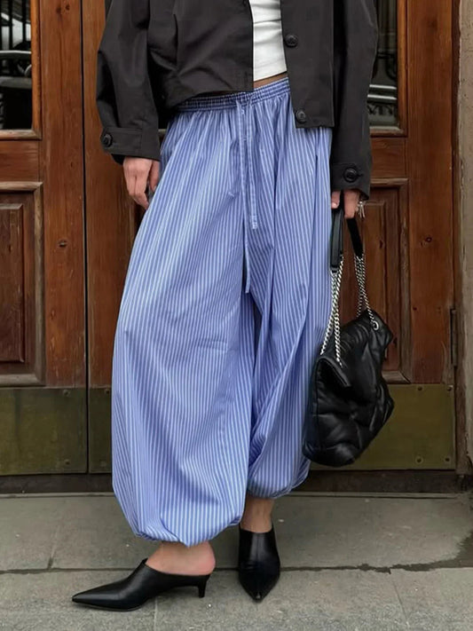 Blue Striped Print Pants Elastic Low Rise Loose Trousers Y2k Aesthetic Korean Style Hippie Trousers