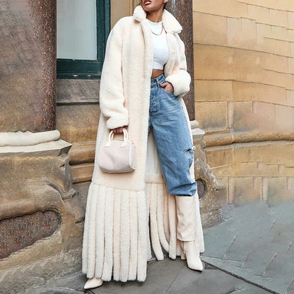 Faux Fur Warm Coat Lapel Loose Long Sleeve Hem Tassel Plush Overcoat Winter New Tide