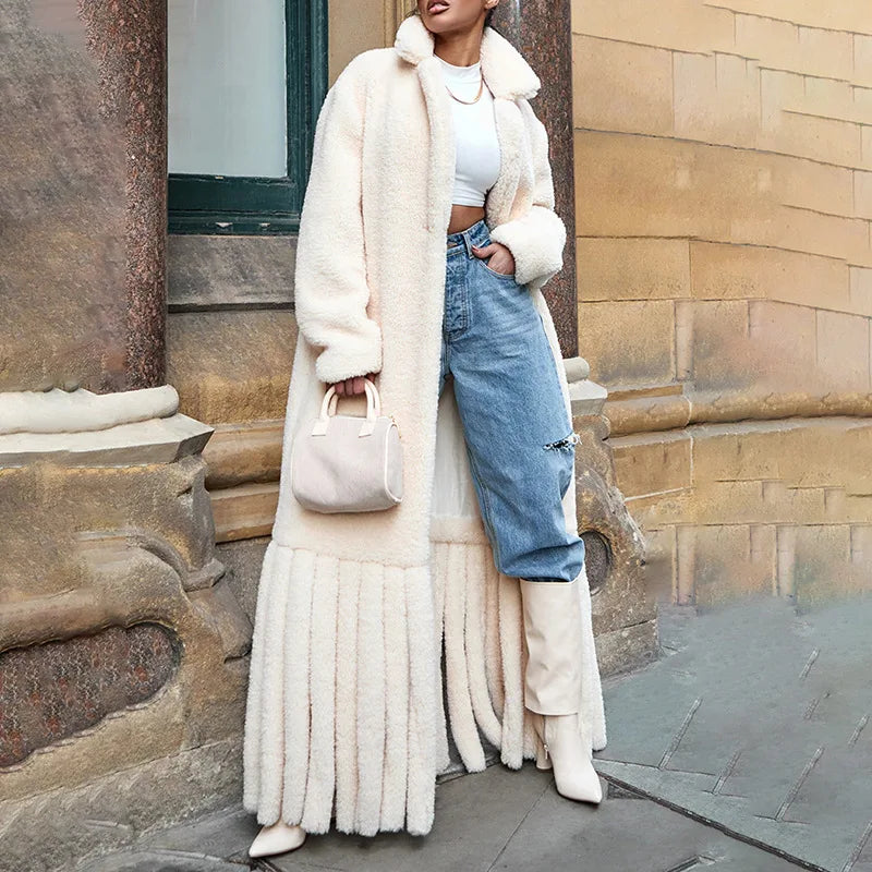 Faux Fur Warm Coat Lapel Loose Long Sleeve Hem Tassel Plush Overcoat Winter New Tide
