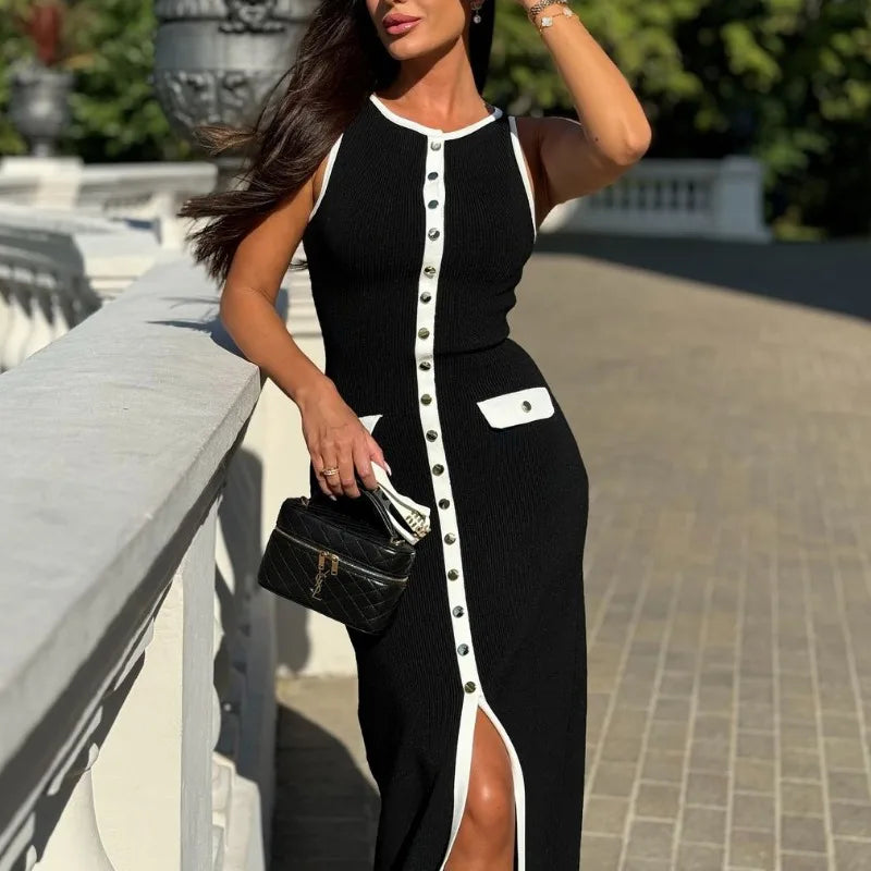 Knitted Long Dress for Sleeveless Button Maxi Sweater Bodycon Dresses Female Party Vestidos
