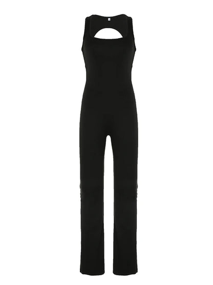 Backless Skinny Black Jumpsuits for Sleeveless Square Collar Rompers Rave Summer Vacation Baddie Outfits
