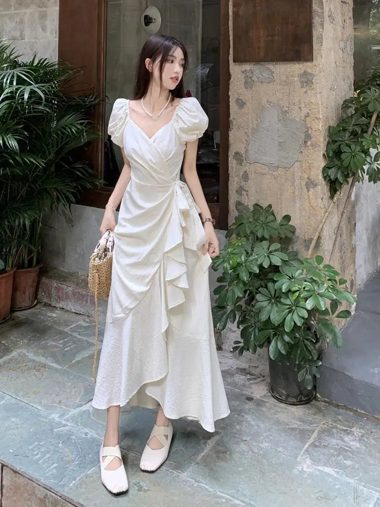White Vneck Lace Up Short Sleeved Dress Summer New Lotus Leaf Edge Waist Cinching Slim Temperament Long Dresses