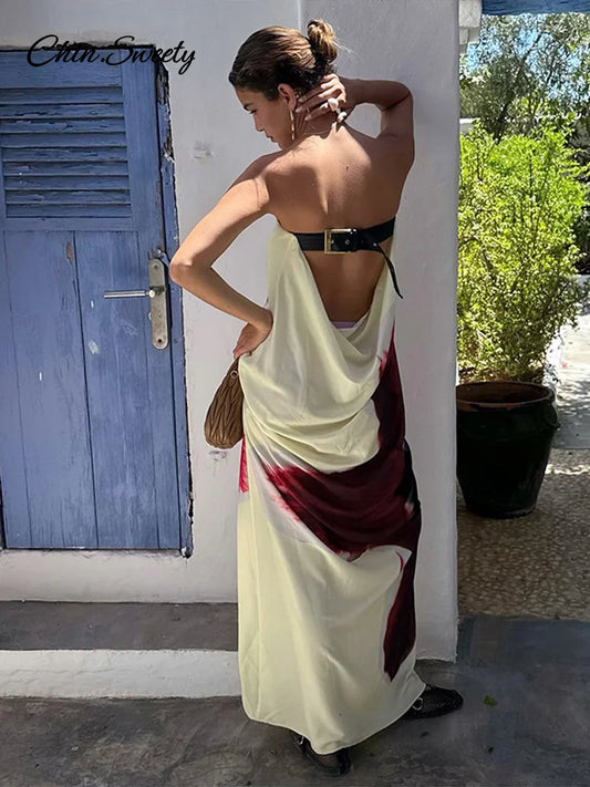 Printed Strapless Long Dresses Loose Off the Shoulder Sleeveless Beach Dress Summer Lady Vacation Robes