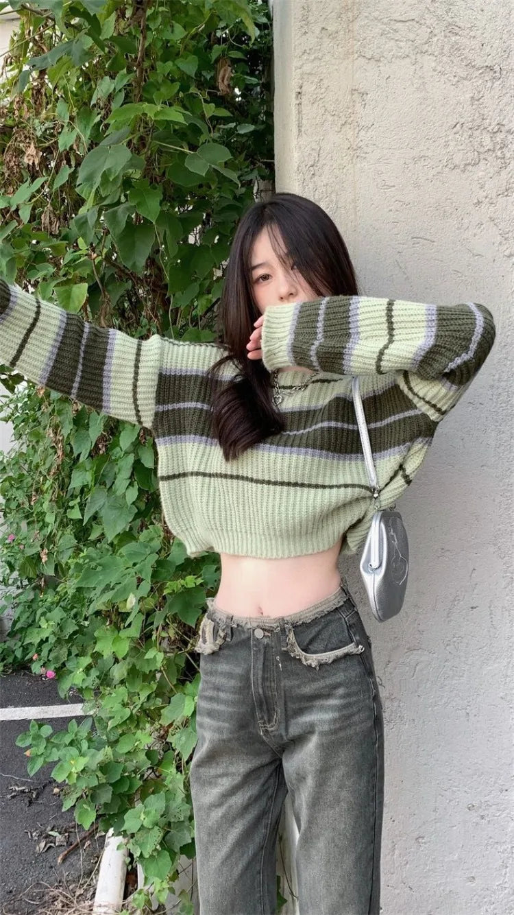 Striped Sweaters Autumn New Loose Knitted Pullover Y2k Grunge Long Sleeve Bottoming Tops