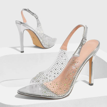 Rhinestone Thin Heeled Sandals Pointed Toe Transparent Pvc Pumps Size 42 Party Backless Stripper Shoes
