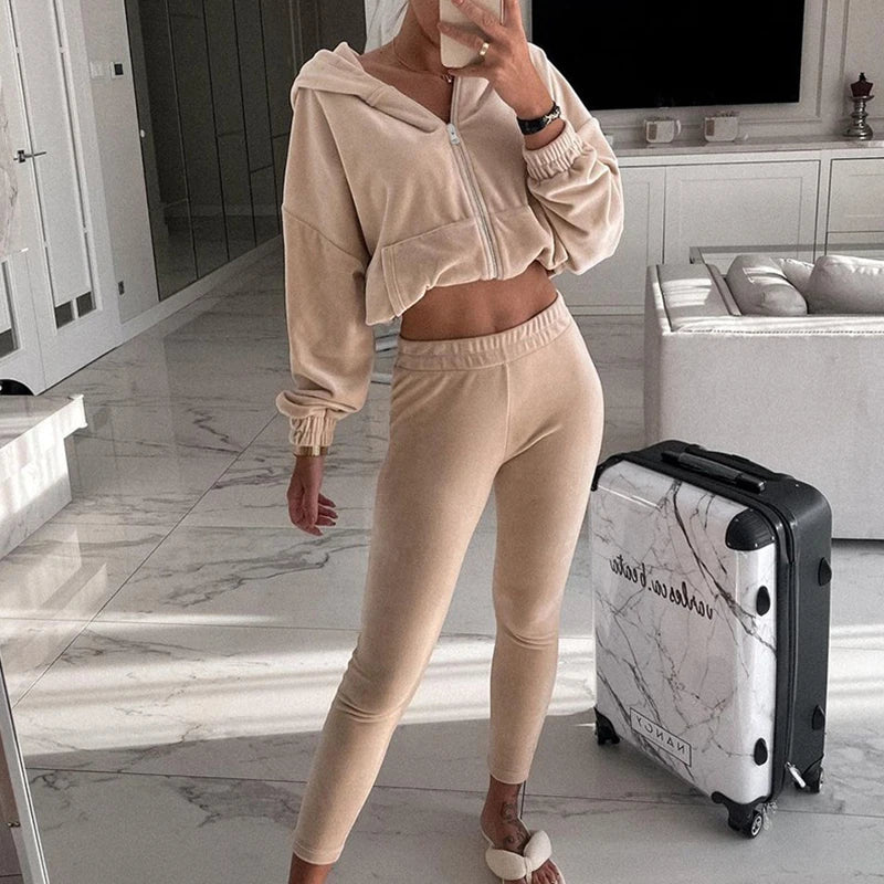 Fall Winter Soft Velvet Outfit Zipper Hooded Sweatshirt Coat+slim Pants Tracksuit Retro Long Sleeve Sports Suit Sets