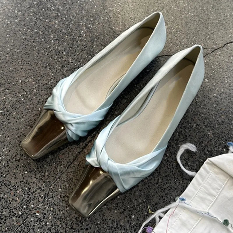 Metal Square Head Pumps Satin Designer Flat Shoes Summer New Party Dress Shoes Purple Comfy Fashionmueller Shoes