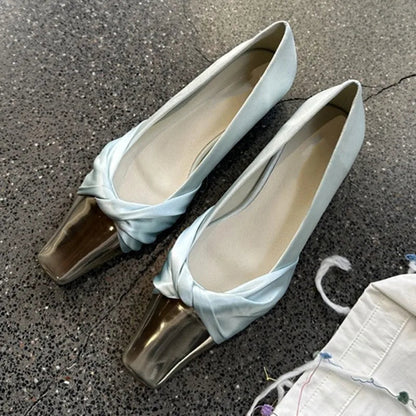 Metal Square Head Pumps Satin Designer Flat Shoes Summer New Party Dress Shoes Purple Comfy Fashionmueller Shoes
