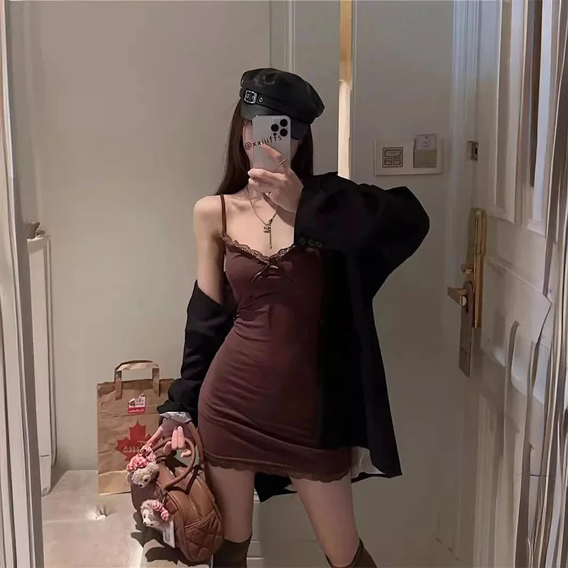 Hot Girl Lace Suspender Dress for Spring and Summer With Breast Pads Slim Low Collar Bottoming Hip Skirt