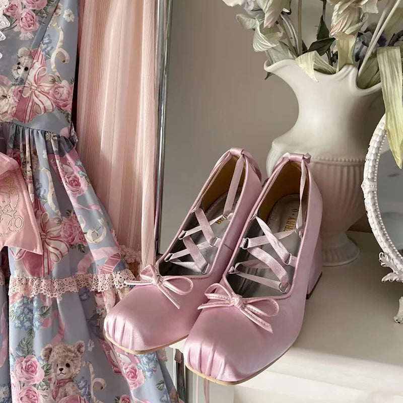 Silk Square Toe 9cm Heel Ballet Shoes Lace Up Pumps