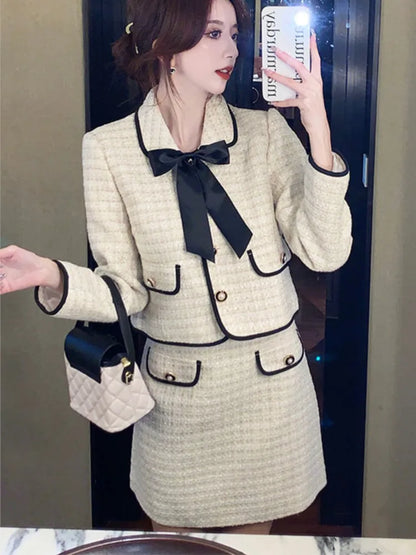 French Two-piece Skirt Set Autumn New Suit Single Breasted Crop Coat Bow Mini Skirt Korean Outfits