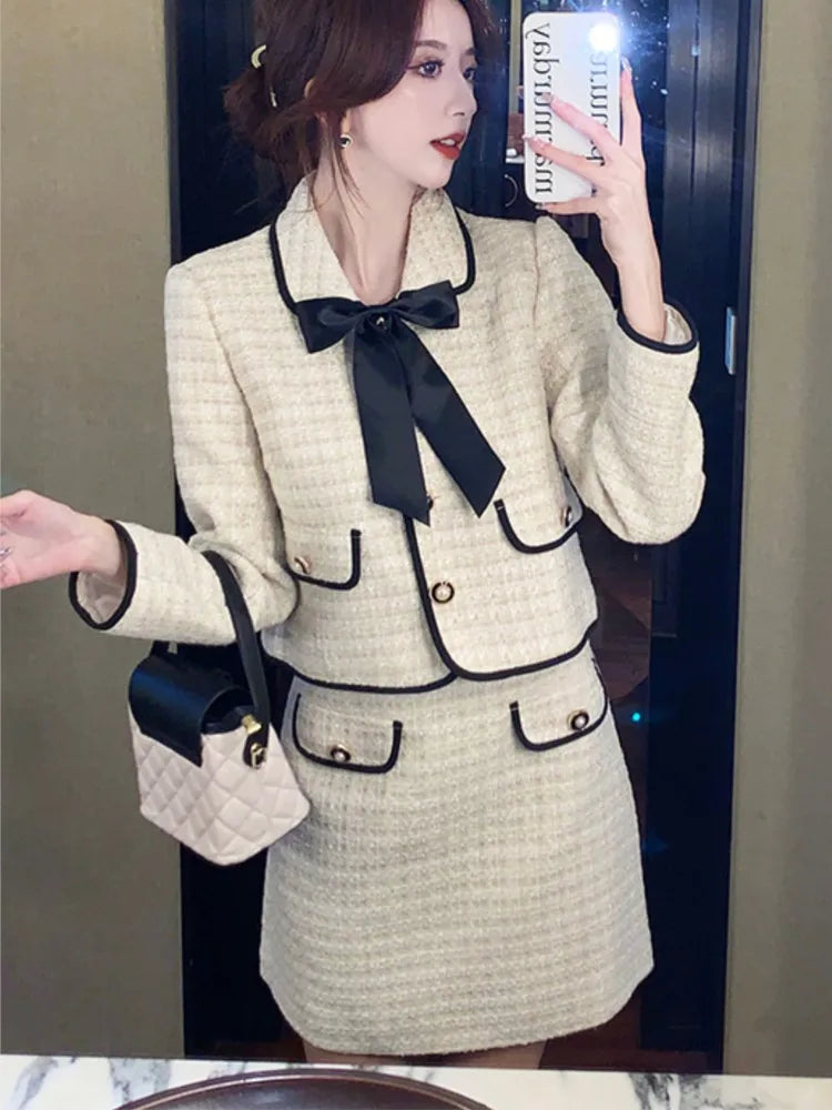French Two-piece Skirt Set Autumn New Suit Single Breasted Crop Coat Bow Mini Skirt Korean Outfits