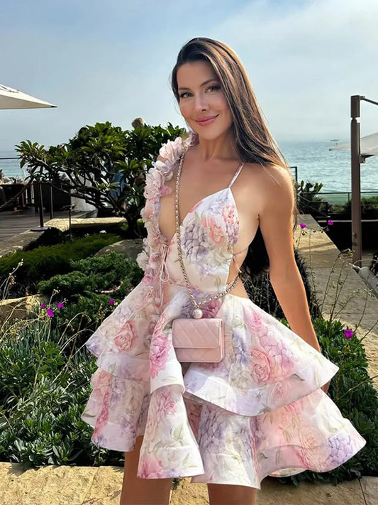 3d Halter Layered V Neck Mini Dress