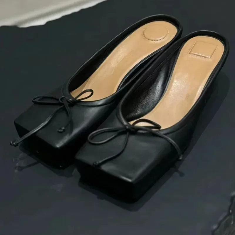 Designer Mule Pumps Slippers Bow Square Toe Party Dress Shoes Red High Heels Sandals