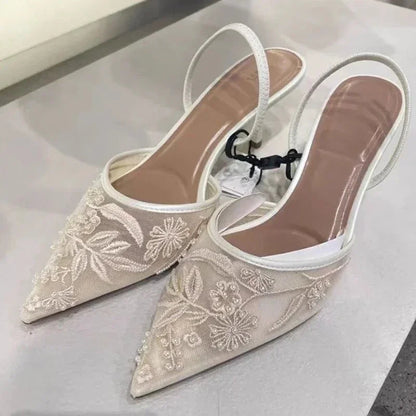 Mesh Embroidered Brand Sandals String Bead Thin Heels Mules Shoes Pointed Toe Slingback Slippers Zapatos De Mujer