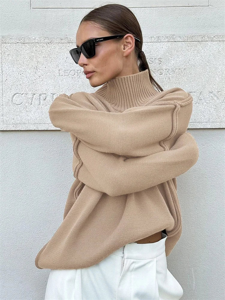 Winter Knit Turtleneck Pullover Female Clothes Loose Ribbed Patchwork Long Sleeve Oversized Sweater Knitwear
