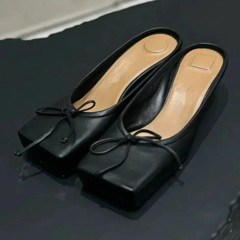Designer Mule Pumps Slippers Bow Square Toe Party Dress Shoes Red High Heels Sandals