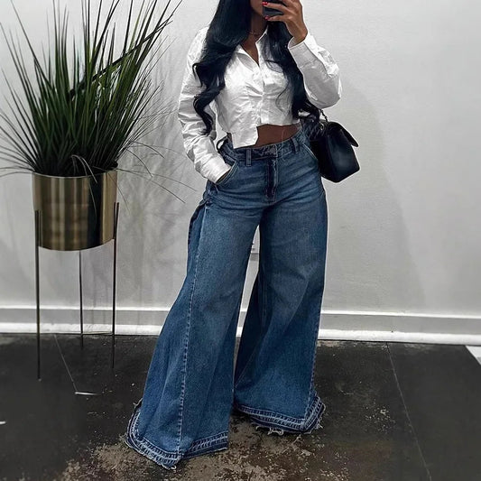 Blue Washed Flared Jeans Harajuku Y2k Oversized Wide Leg Spliced Tassel Denim Pants Baggy American Retro Trousers