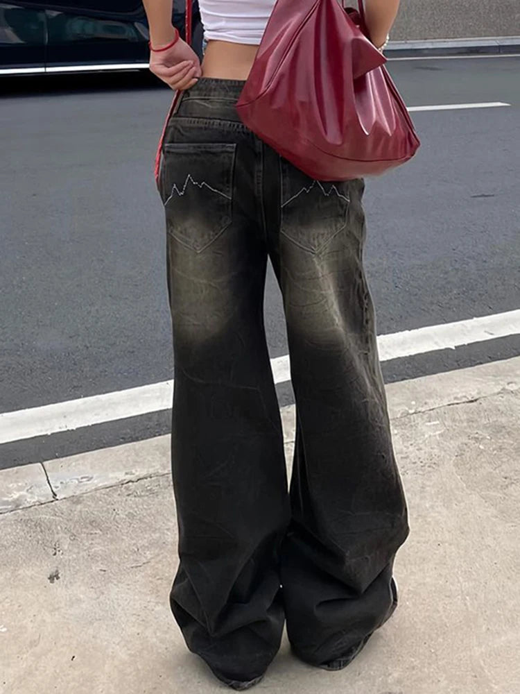 American Retro Straight Leg Jeans Woman Street Style Distressed Denim Pants