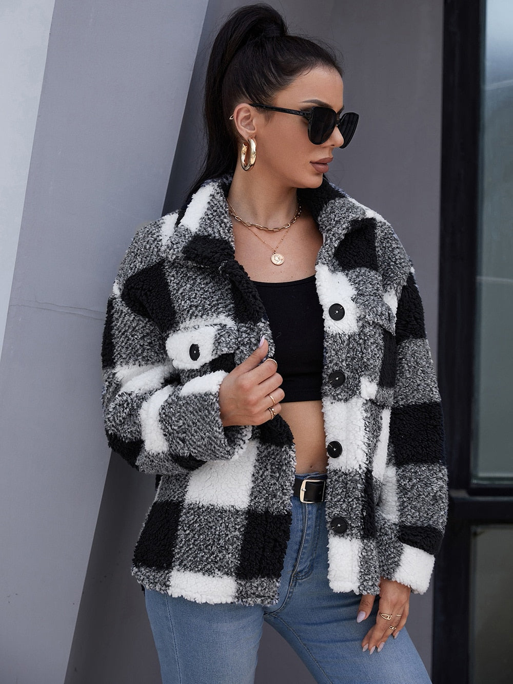 Plush Plaid Flap Pocket Coat