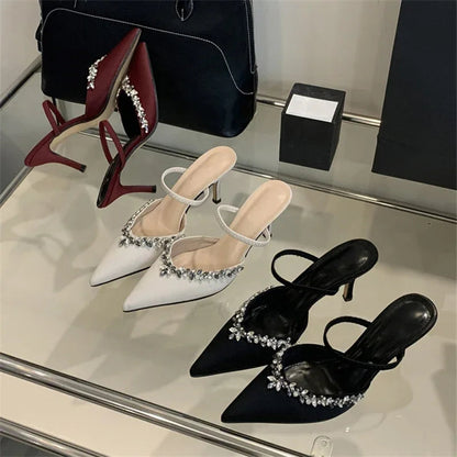 Spring Summer Pointed Toe Slippers Crystal Thin Heels Party Dress Mule Shoes