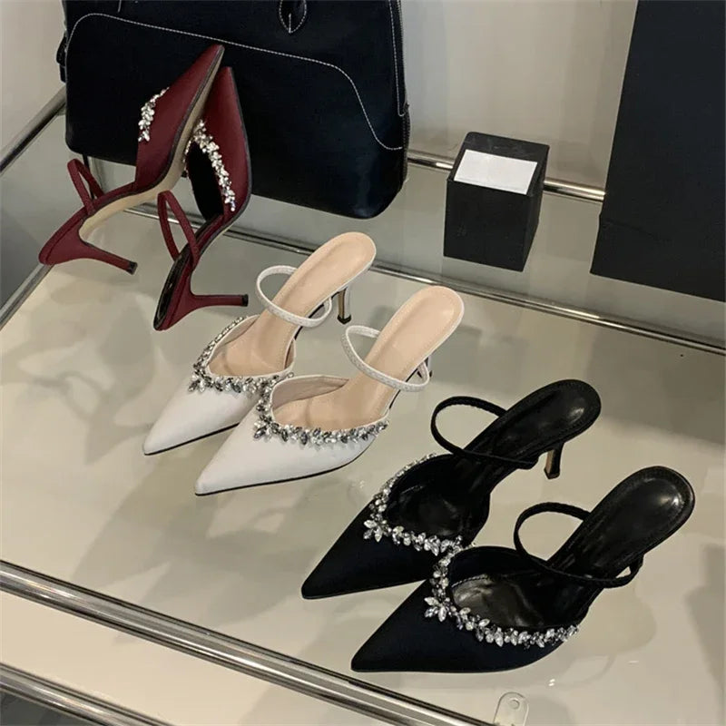 Spring Summer Pointed Toe Slippers Crystal Thin Heels Party Dress Mule Shoes