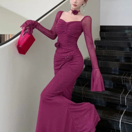 Mesh Bodycon Maxi Dresses for Flare Sleeve Square Collar Slim Mermaid Evening Party Dress Prom Robe Vestidos New