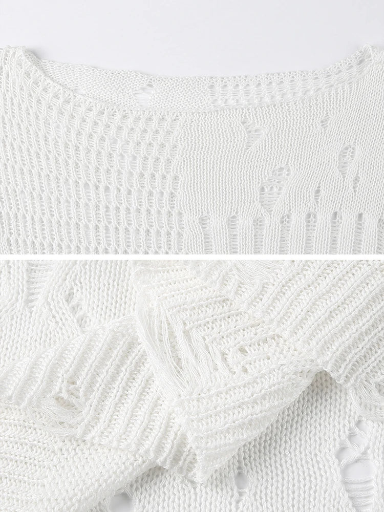Ripped Full Length Pullovers Knitting Loose Beggar Style Hollow Out Lady T-shirt Harajuku Y2k