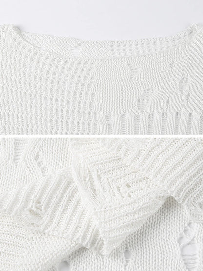 Ripped Full Length Pullovers Knitting Loose Beggar Style Hollow Out Lady T-shirt Harajuku Y2k