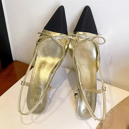 Bow Brands Pointed Toe High Heels Summer Thin Heeled Sandals Back Strap Mules Shoes Gold Silver Pumps
