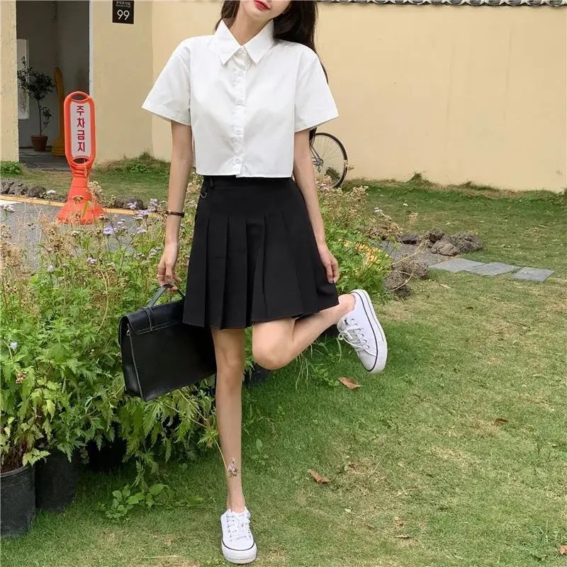 Oversize White Cropped Shirt Summer Short Sleeve Polo Neck Sweet Preppy Button Short Shirts Korean Female Blouses Blusa