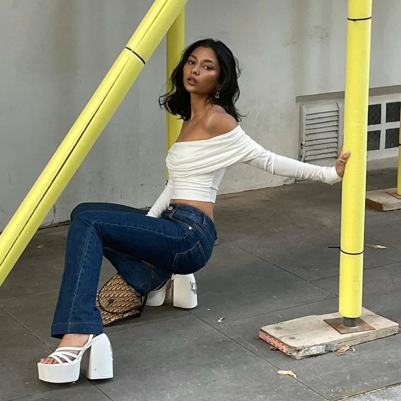 Off Shoulder T-shirt Spring Long Sleeve Slim Fit Crop Top Y2k Harajuku White Tees Female Clothes