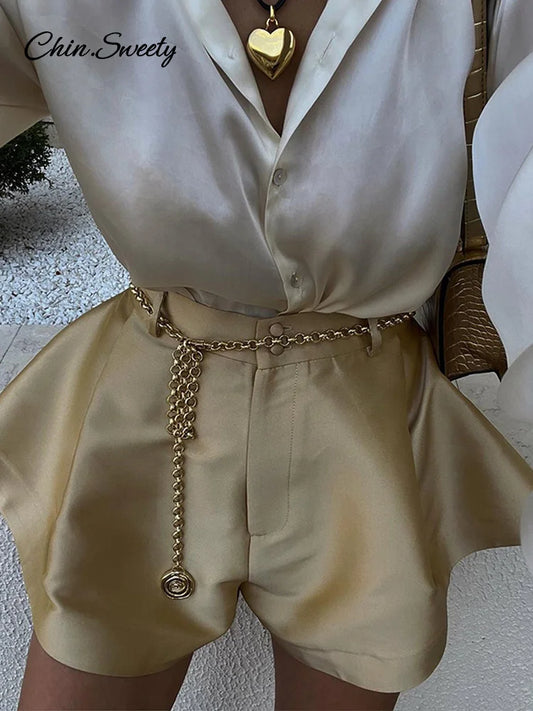 Satin Shorts High Waist Loose a Line ’s Shorts Female Summer Lady High Street Zipper Short Pants