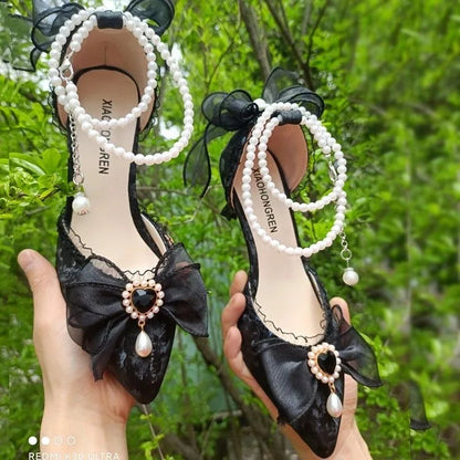 Woman Heels Lolita Y2k Mary Jane Shoes Black Heart Pearl Designer Shoes Sandals for Party and Weddings Evening