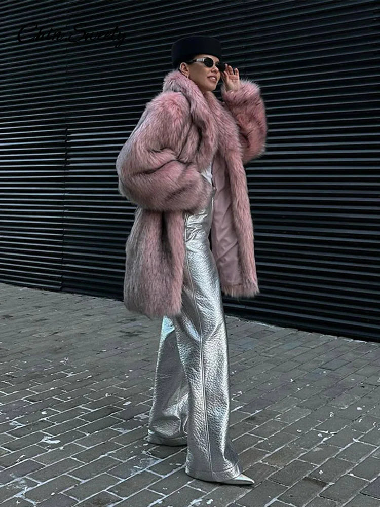 Winter Faux Fur Long Coat for Full Sleeve Fur Collar Oversize Female Jacket New Thick Warm Outwear