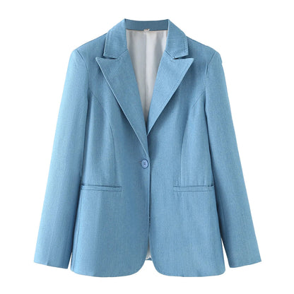 Spring Denim Blazer for Long Sleeves Pockets Lapel Single Button Jacket Female Loose Causal Coat